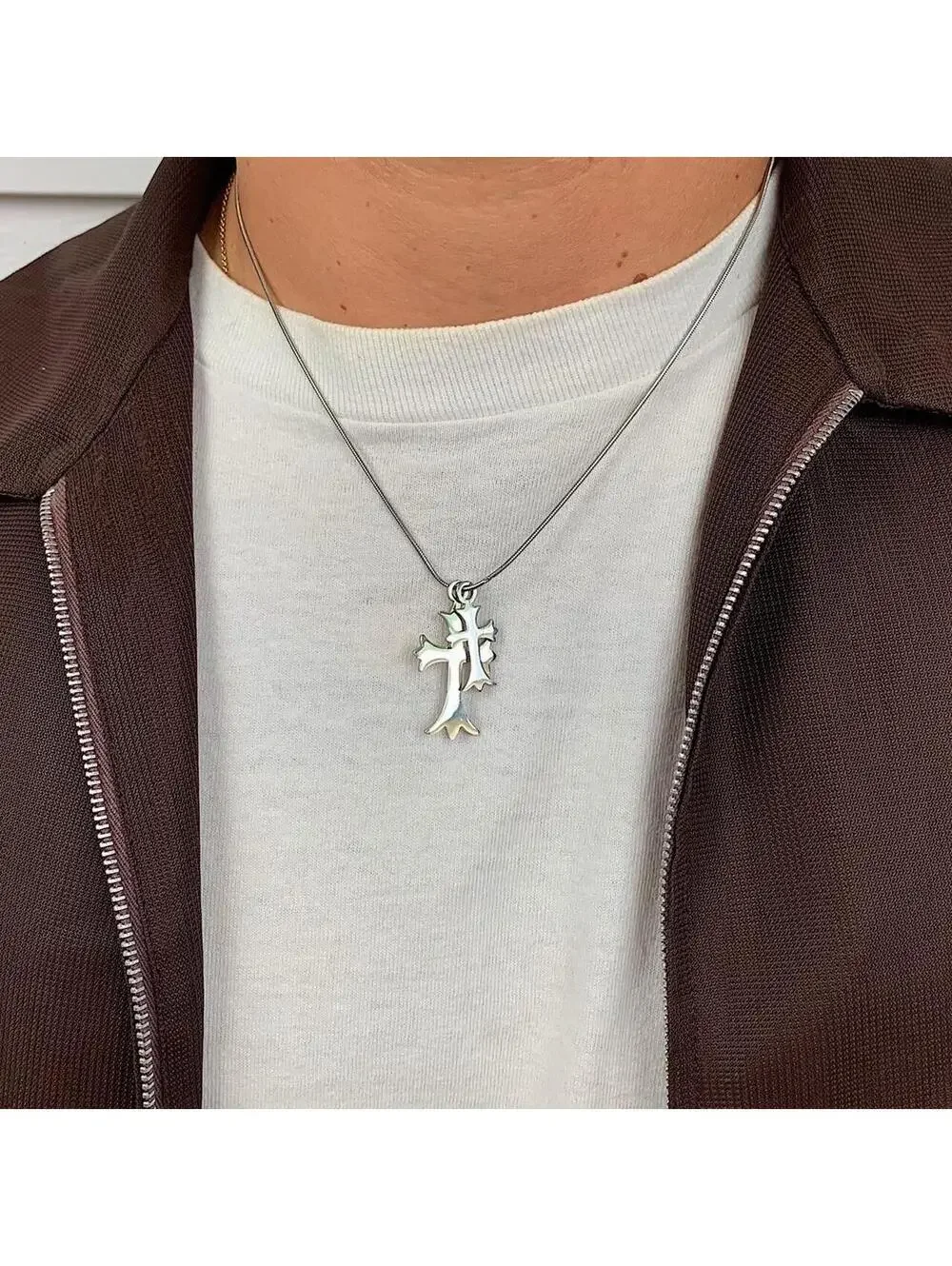 Vintage y2k style Double Gothic Cross pendant Stainless Steel Silver necklace